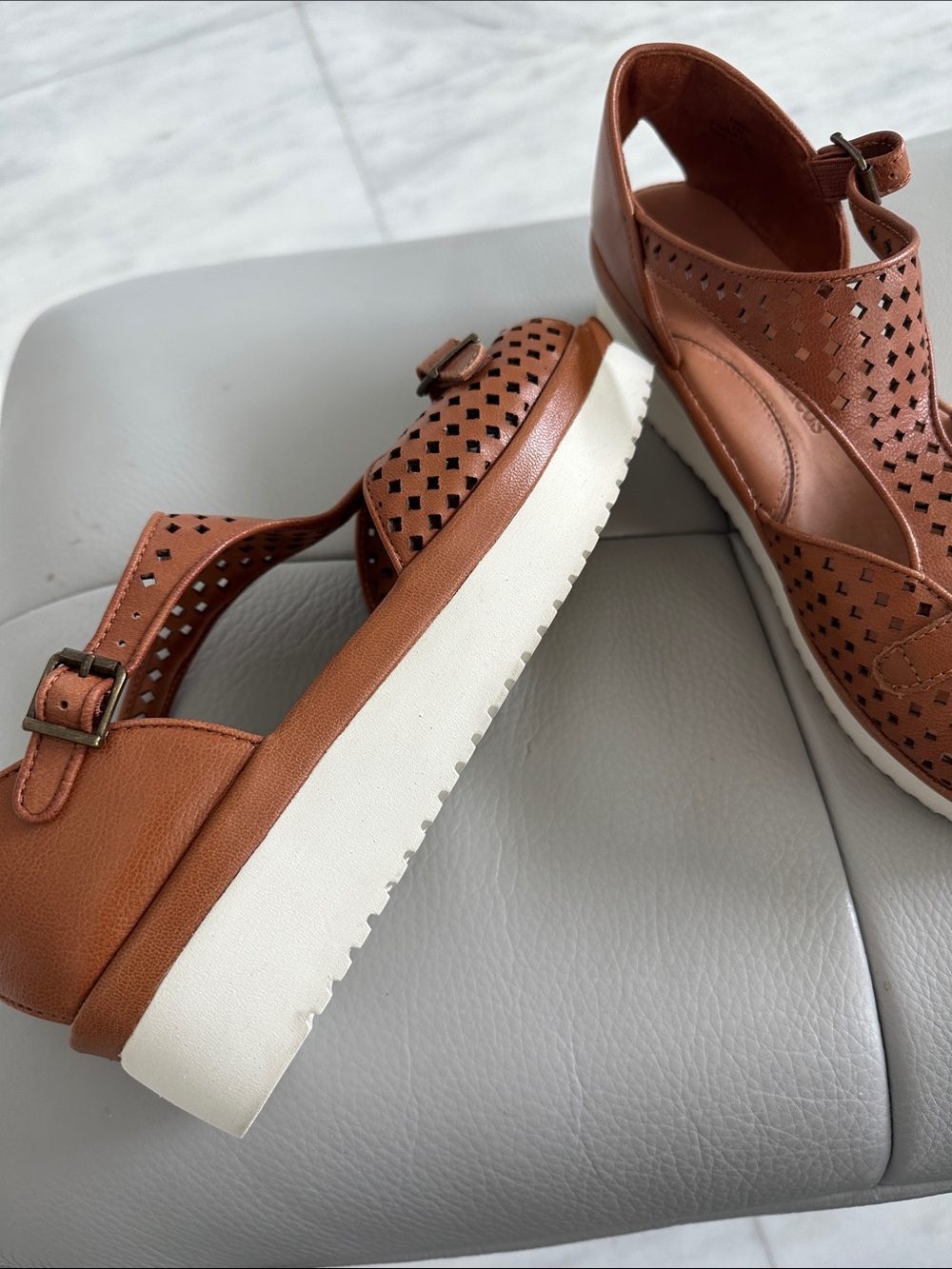 Women's Tan Perforated Buckle Wedge Sandals - Picture 6 of 9